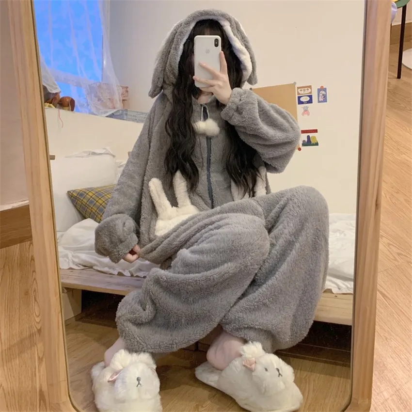 Autumn Winter Women Grey Long Sleeve Piece Pajamas Nightgown Flannel Nightgowns Girls Sleepwear Cute Princess Coral Fleece W1265