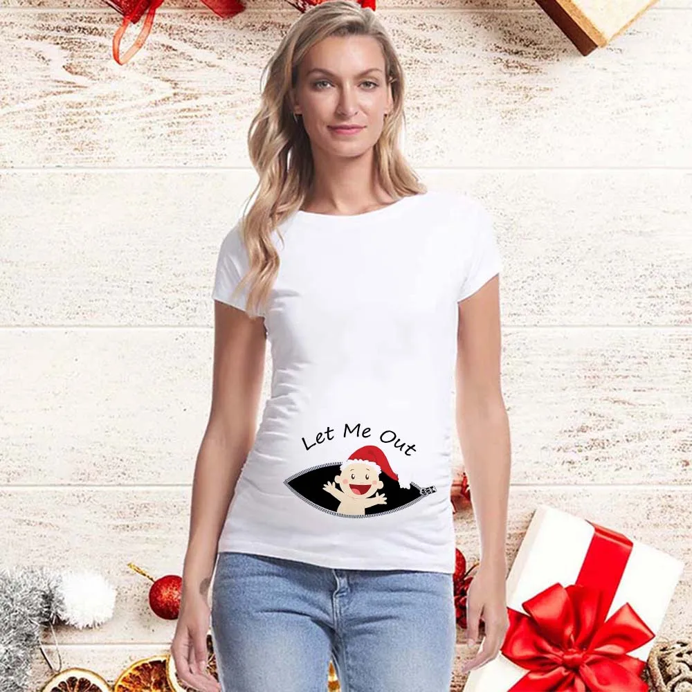 2021 Merry Christmas Maternity T-shirts It\'s My First Christmas Best Gift Funny Print Pregnancy Anouncement Tops Tee Shirts