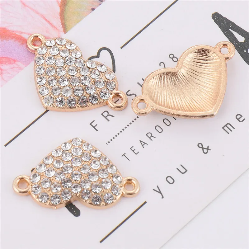 10pcs/lot Heart Gold Plated Full Crystal Charms Connector Pendant DIY Neckalce Bracelet For Jewelry Making Accessories