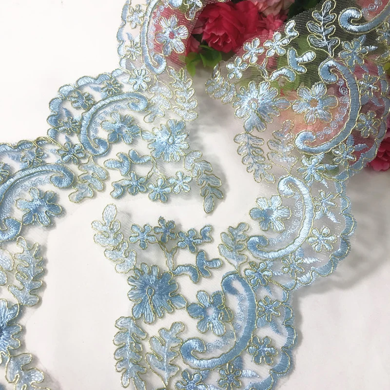 1Y 15CM Wide Embroidered Blue Flower Lace Ribbon Trims for Home Textiles Sofa Covers Trimmings Mesh Applique Sewing Lace Fabric