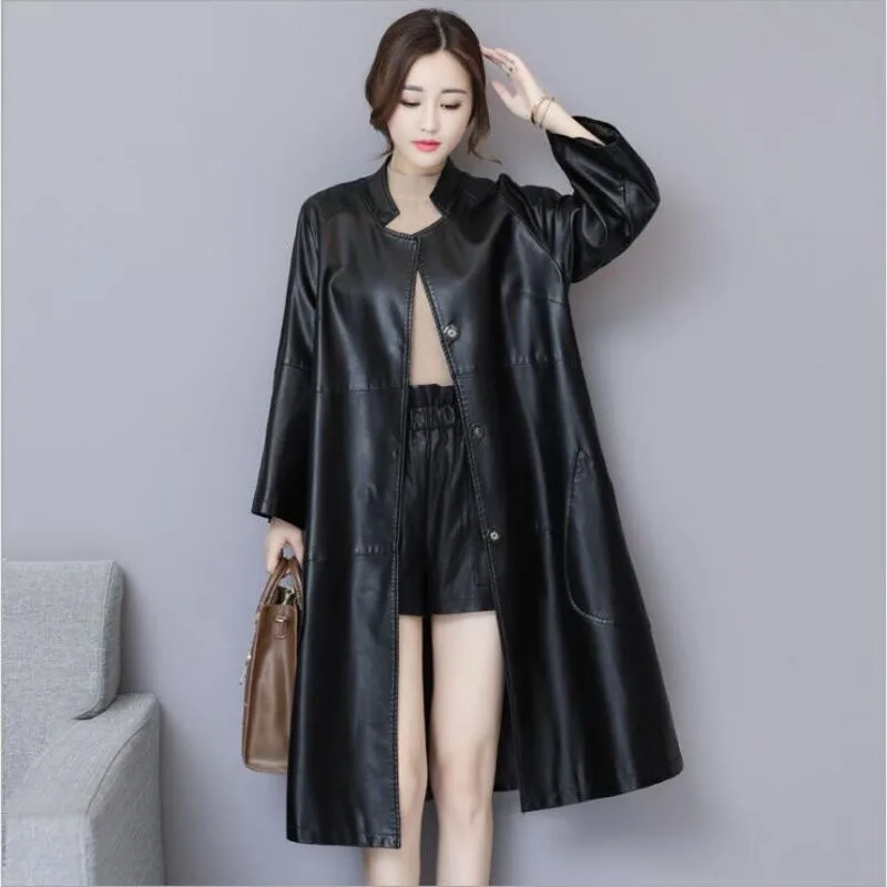 

2023 Spring New Women's Genuine Leather Jacket Female Mid-length Windbreaker Korean Fashion Loose Sheepskin Coats Trendy Outwear