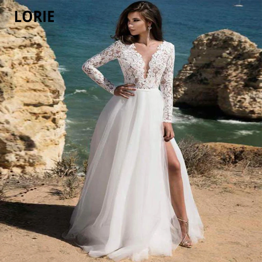 

LORIE Wedding Dresses Boho Beach 2019 soft Tulle Long Sleeve Open Back V-neck Lace Bridal Gowns with Split Gelinlik Plus Size