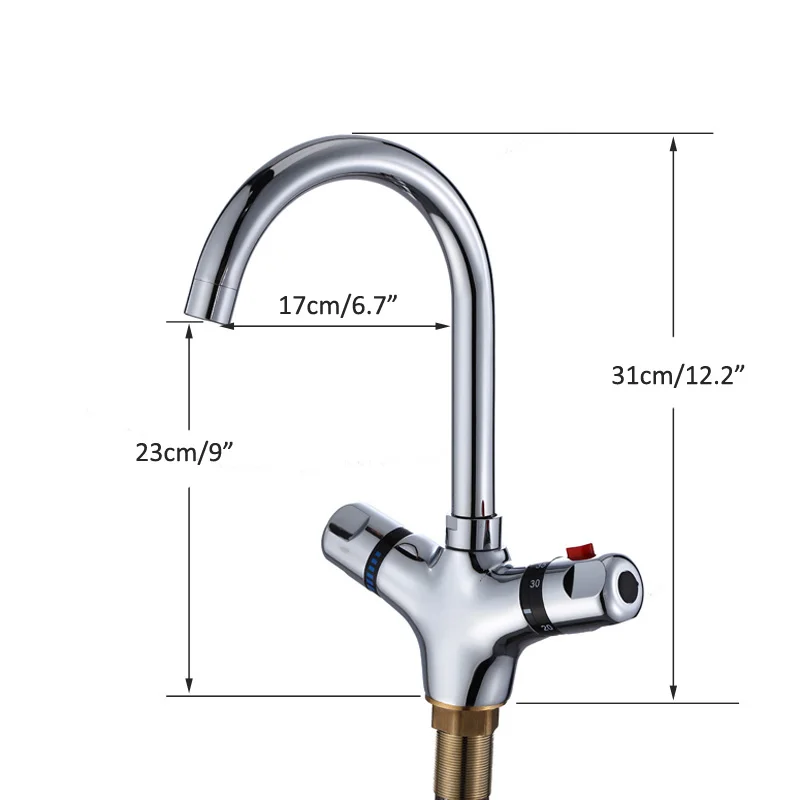 Flexible Thermostatic Faucet for Basin/Kitchen 360 Degree Rotatable Bathroom Mixing Tap Deck Mounted Brass Thermostatic Mixer