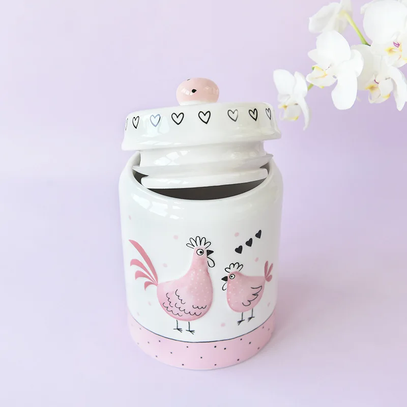 High quality elegant pink gold-plated embossed chicken cute sealed cans storage cans biscuits tea large medium and small ceramic