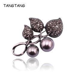 New Black Brooch Grey Pearl Leaves Brooch Pin For Women Antique Vintage Jewelry Scarf Clip Pins Hot Trendy Retro Leaf Pin