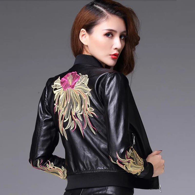 

Fad New Spring Autumn Embroidery Fit Short Sheepskin Leather Jackets Coat Fashion Genuine Leather Jacket Women A044