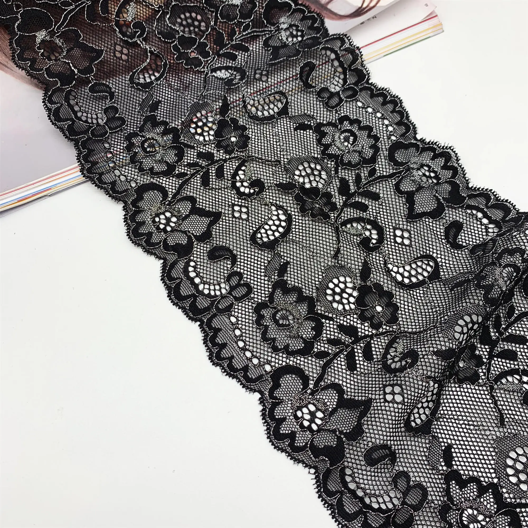 3y/lot Width 16cm Black Silver Elastic Stretch Lace Trim Skirt Hem For Dress Sewing Applique Costume Fabric Lace DIY Material