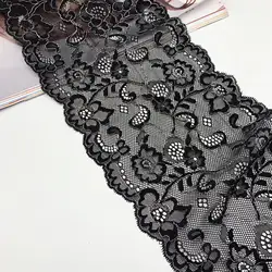 3y/lot Width 16cm  Black Silver Elastic Stretch Lace Trim Skirt Hem For Dress Sewing Applique Costume Fabric Lace DIY Material