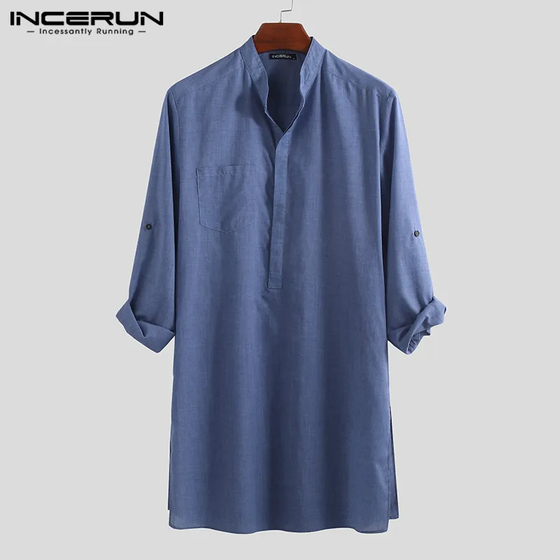 INCERUN Men Shirt Solid Color Stand Collar Long Loose Vintage Casual Tops Indian Clothes Camisa Sleeve Men Long Shirts 2023 5XL