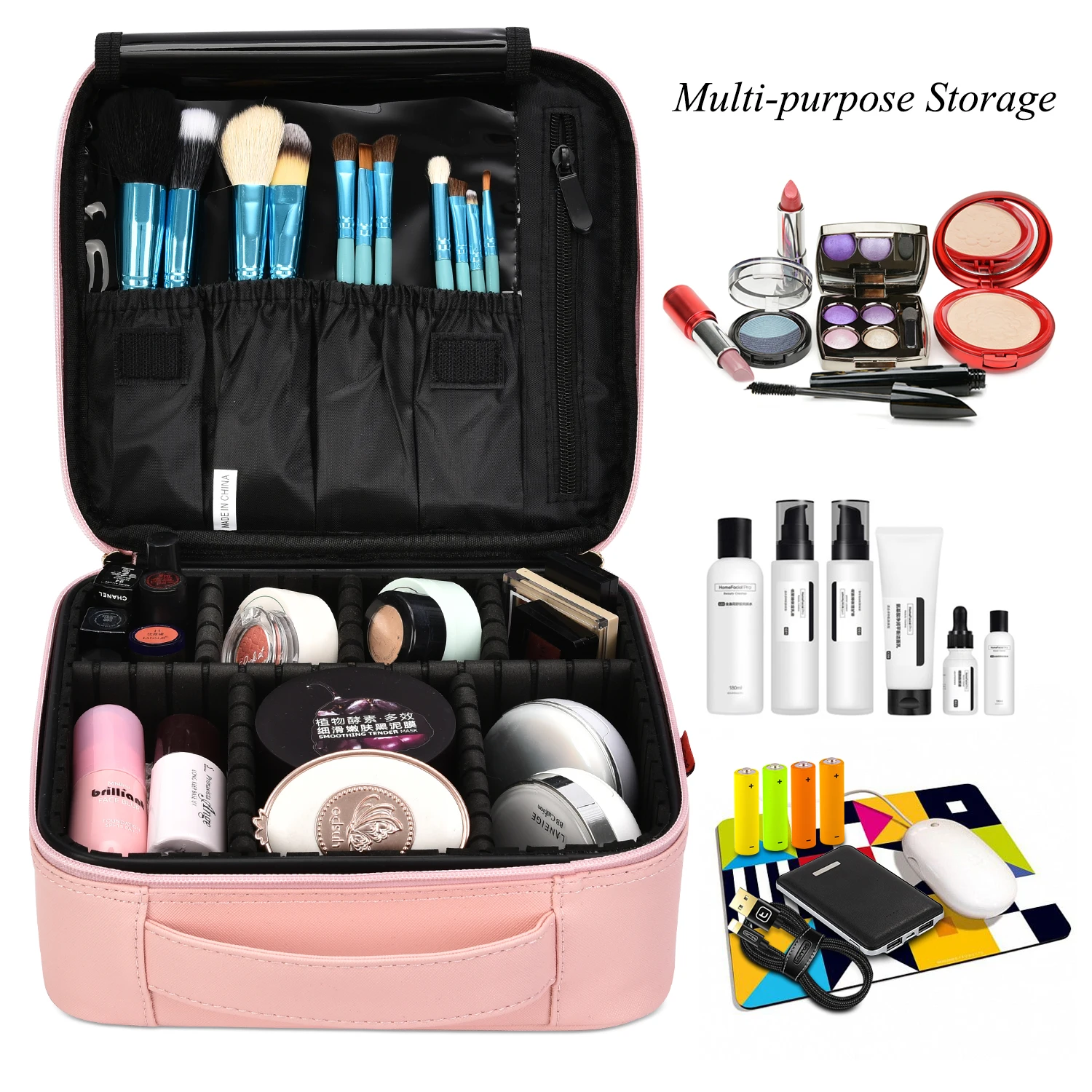 NiceEbag Makeup Bag Travel Cosmetic Bag Cute Makeup Case Organizer Large Portable Cosmetic Train Case with Removable Dividers