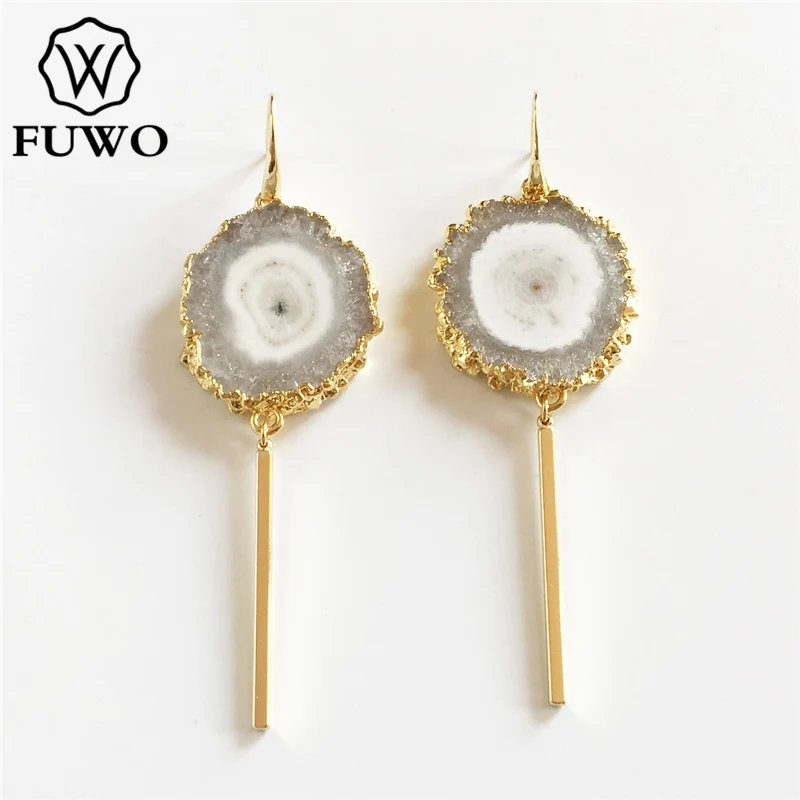 

FUWO Trendy Women Natural Stalactites Slice Earrings Genuine Golden Electroplated White Crystal Quartz Jewelry Wholesale ER045