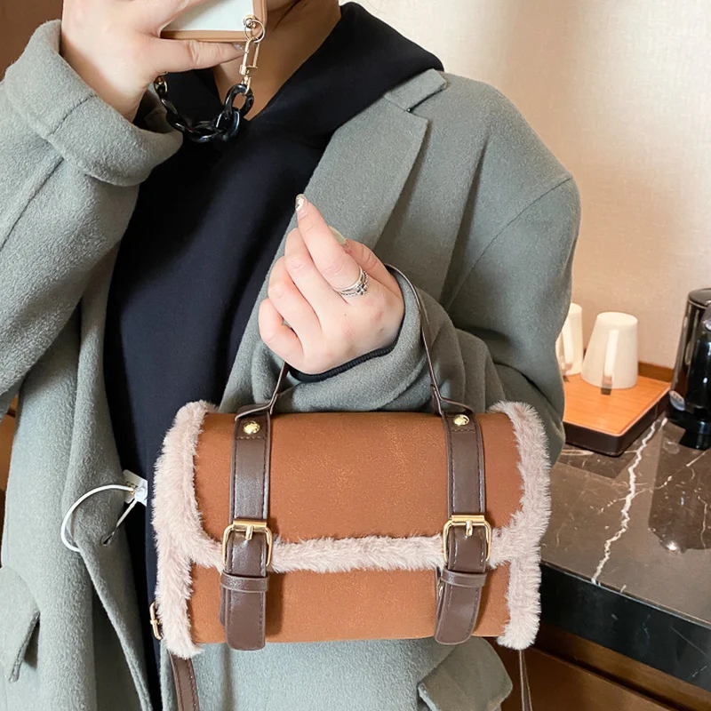 Retro Winter Faux Fur Bags Women Cross Body Plush Patchwork French Fashion Female Luxury Brand Frosted Bolsa Handmade Underarm