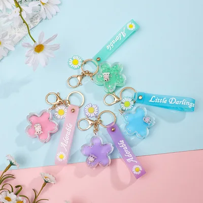 Cartoon into the oil quicksand cherry blossom acrylic keychain cow cute bag pendant catch the doll machine