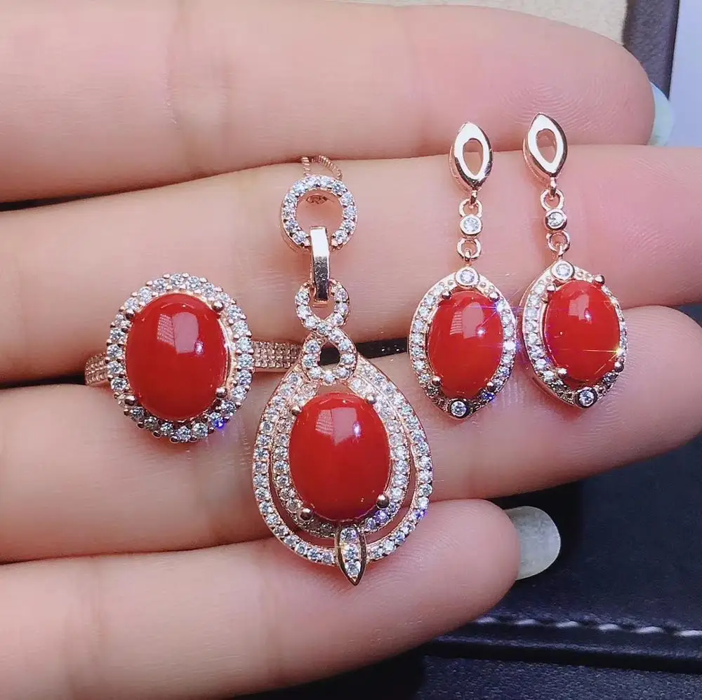 KJJEAXCMY-925 Sterling Silver Ring and Earring Set, Fine Jewelry, Inlaid Natural Red Coral, Pendant, Lovely, Support Test