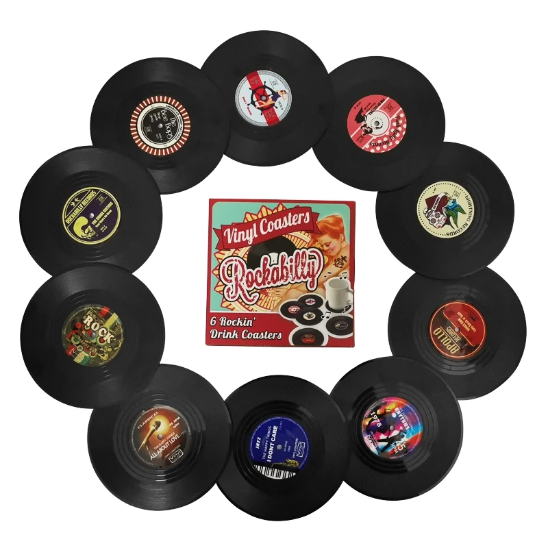 Posavasos de disco de vinilo Retro para bebidas, accesorios de cocina con caja de regalo, tapetes de taza de CD divertidos, 10 piezas