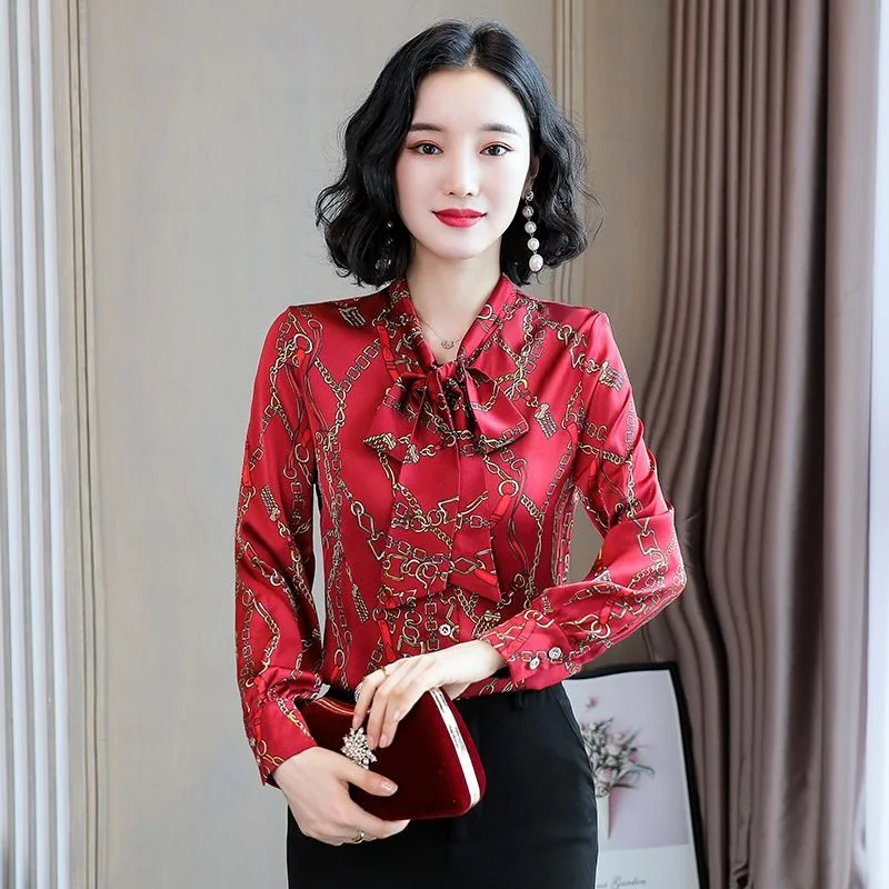 

High-End Women Temperament Satin Shirts Spring Autumn Fashion Bow-Knot Scarf Collar Elegant Long Sleeve Blouses Blusas MM1216