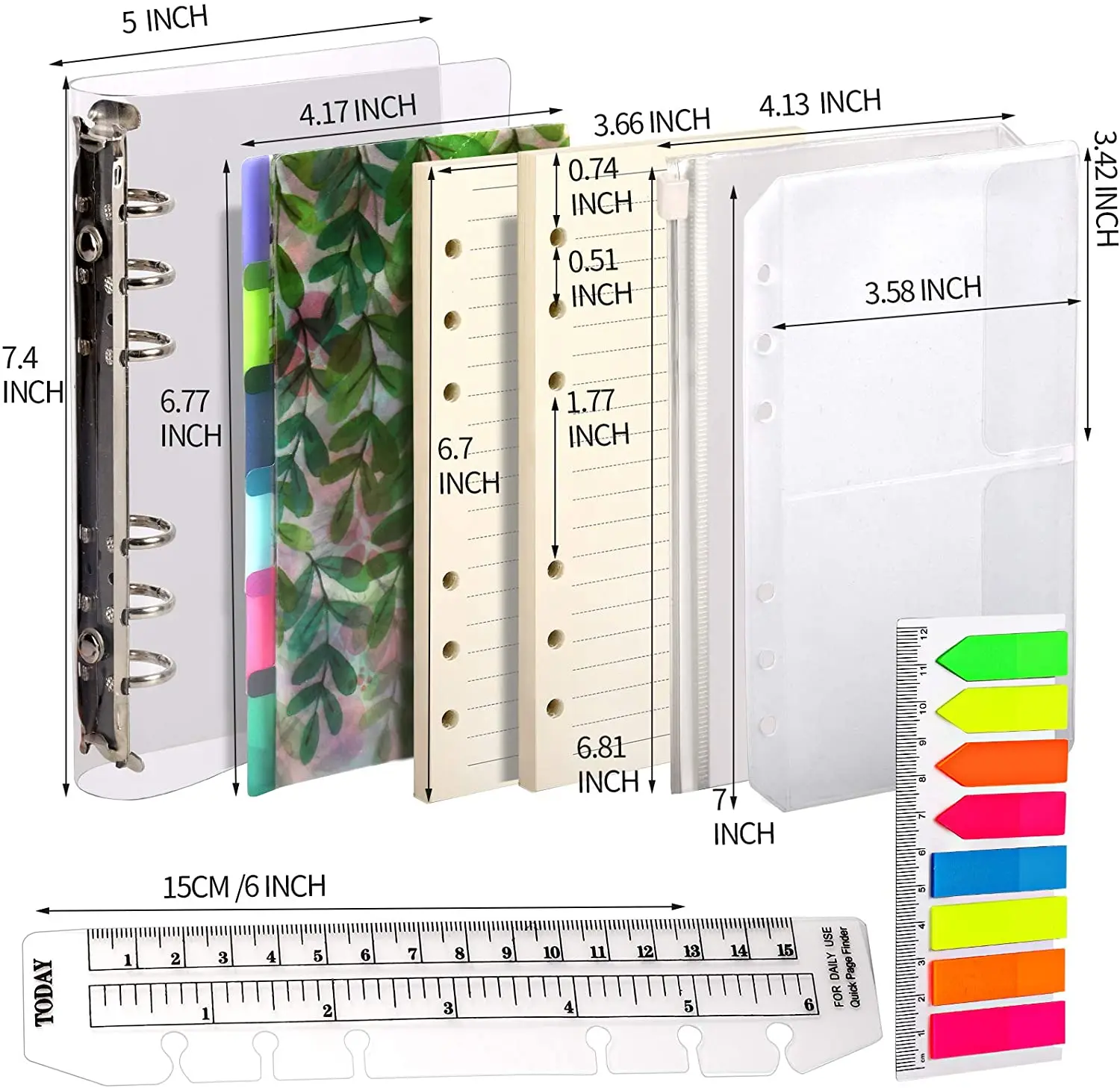 A6 Personal Binder Notebook Refills with Page Dividers,A6 Lined Paper Refills, A6 Zipper Binder Pockets,Index Note Tabs & Ruler