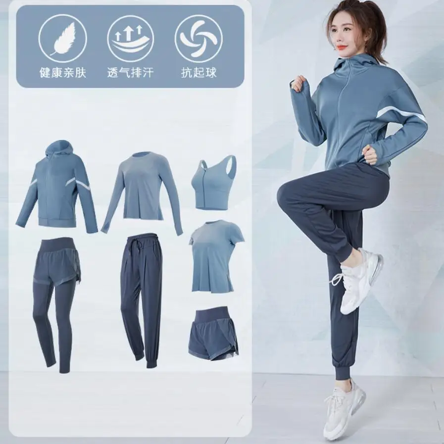 Fitness Gym Suits Women Yoga Set Running Coats+T Shirt+Bra+Pants+Shorts Outdoor Sportswear Clothing Sports Sets