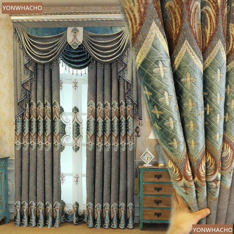 

Custom curtains luxury bedroom American embroidered blue thick chenille cloth blackout curtain tulle valance drape B827