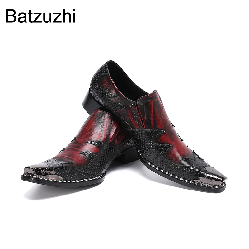 Batzuzhi Italian Style Fashion Men's Leather Shoes Pointed Metal Toe Wine Red Formal Business Dress Shoes Men for Party /Wedding