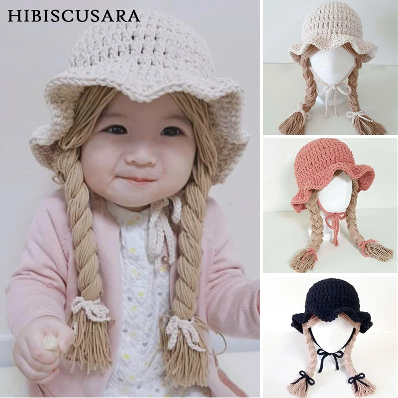 1-5 Yrs Girls Hat Kids Hand Knitted Caps With Braids Children Autumn Winter Fashion Wigs Hat Plaits Wig Bonnet Photo Accessories