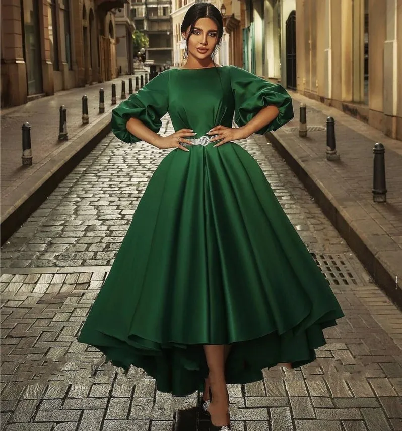 Modest Green Satin Dubai Prom Dresses Bateau Neck Puff Sleeve Evening Party Gowns High Low 2022 Vestidos Fiesta Robe De Soiree