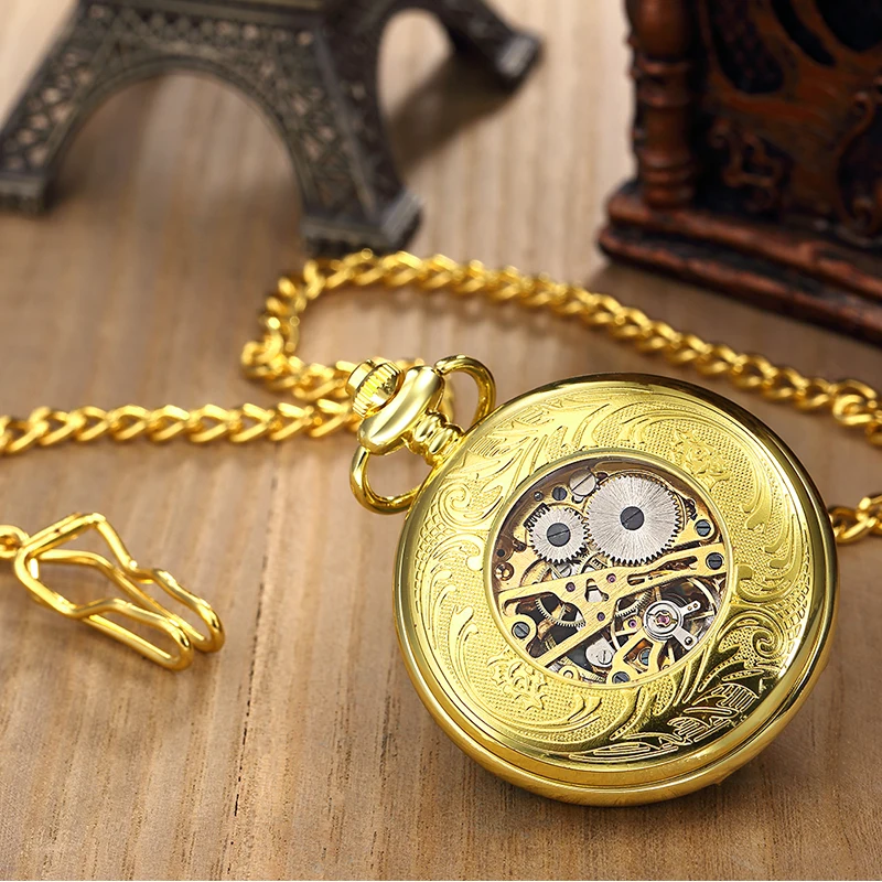Roman Numeral Luxury Mechanical Pocket Watch Gold White Color Skeleton Case Dial Male Fob Chain Clock for Men Women Dropshipping