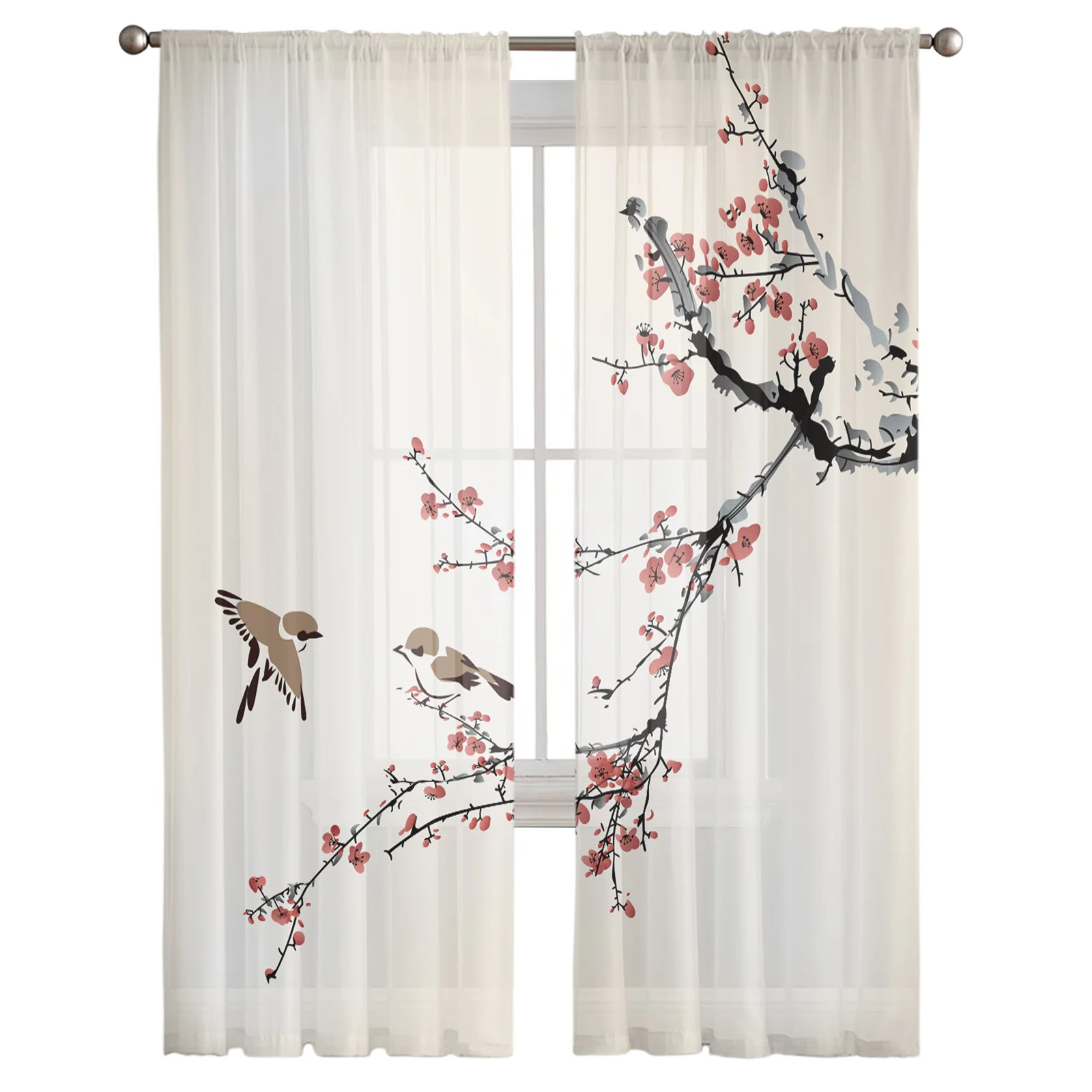 Plum Blossom Bird Chinese Style Sheer Curtains for Living Room Bedroom Kitchen Tulle for Windows Voile Yarn Curtains for Bedroom