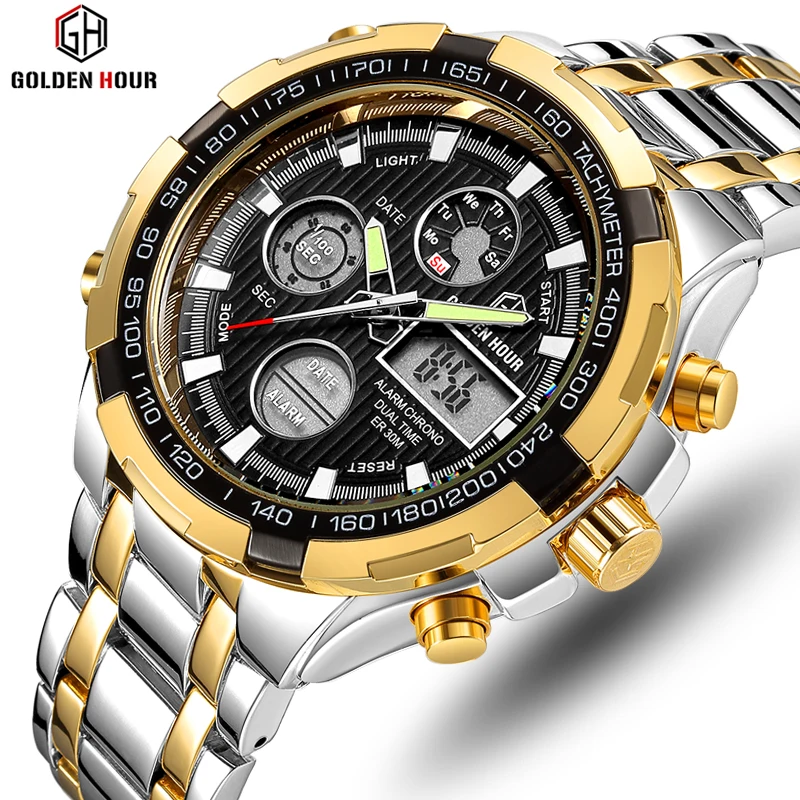 

GOLDENHOUR Brand Analog Quartz Watch Men's Sport Watches Men Full Steel Military Clock Waterproof Male Watch Relogio Masculino