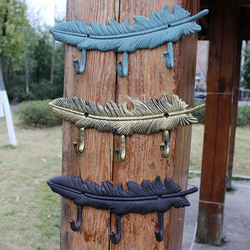 Vintage Feather Cast Iron Wall Hook With Three Hangers and 1 Hanger In Black Blue Antique Gold Colors European Home Garden Decor