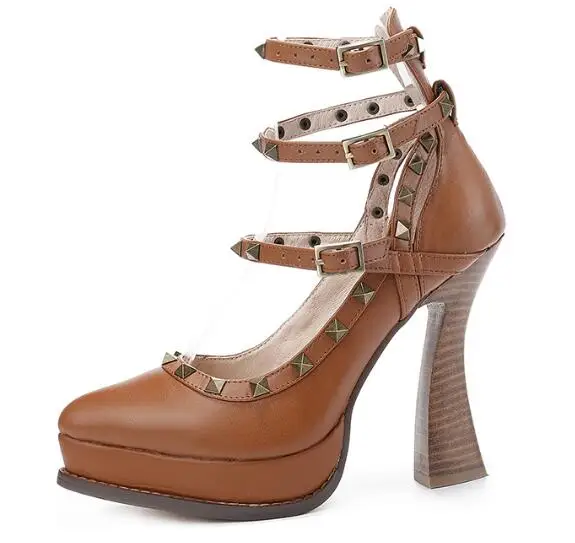 Brown Cow Leather Studs Rivets Three T-Strap Pumps Female Gladiator Pointed Toe Strange Wood High Heel Oufit Dress Shoes