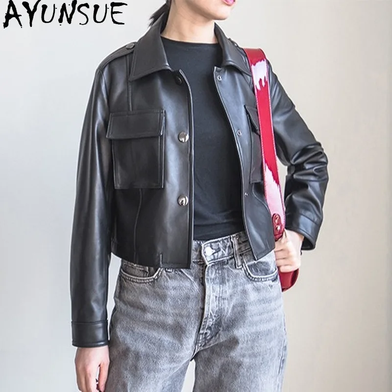 AYUNSUE Ngắn Chính Hãng Áo Khoác Da Nữ 100% Da Cừu Tự Nhiên Áo Khoác Nữ Thu Xuân Áo Khoác Casual 2021 Chaquetas De Mujer