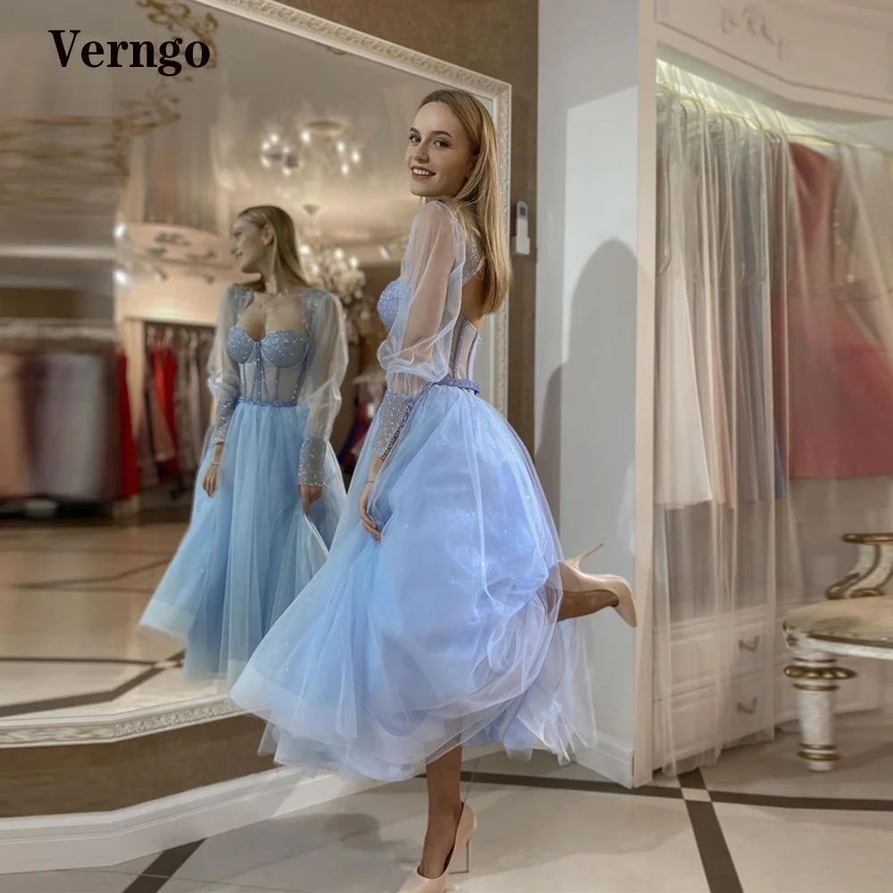 

Verngo Elegant Light Blue Glitter Tulle Prom Dresses Puff Long Sleeves Sweetheart Bones Ankle Length Evening Party Gowns