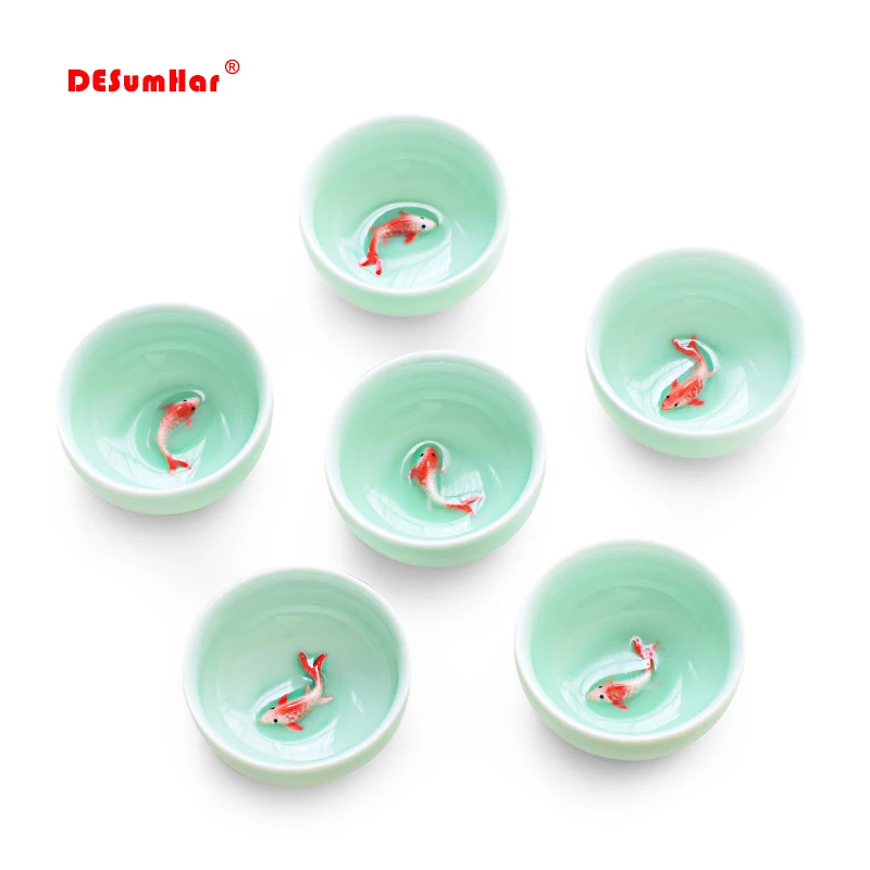 6pcs Celadon 3D Golden Fish China tea cup set,Kung Fu Tea Cup Set Crackle Glaze Travel Tea Bowl Chinese Porcelain Teacup Set