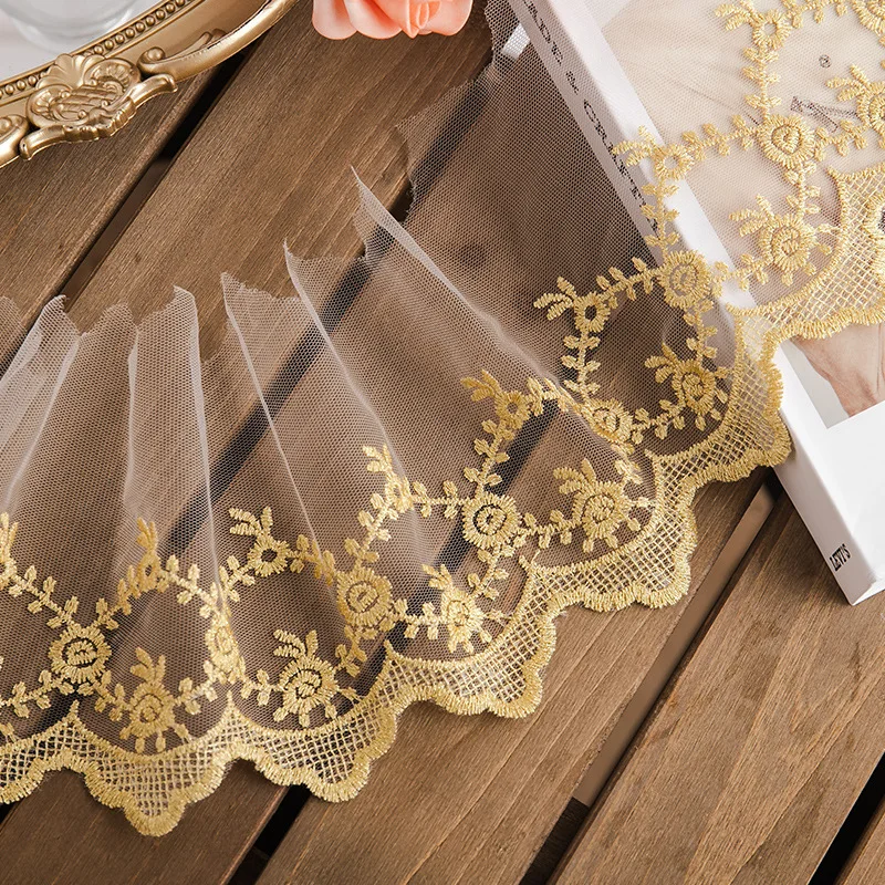 14CM Wide Luxury Tulle Golden Embroidery Fringe Ribbon Mesh Lace Fabric Applique Dress Guipure DIY Wedinng Bags Sewing Supplies