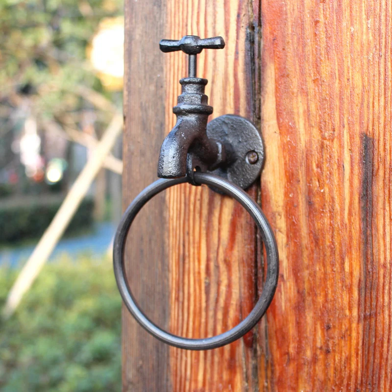 Black Cast Iron Wall Mounted Towel Ring In Water Faucet And Fleur De Lis Designs Country House Home Decor Metal Hanging Racks