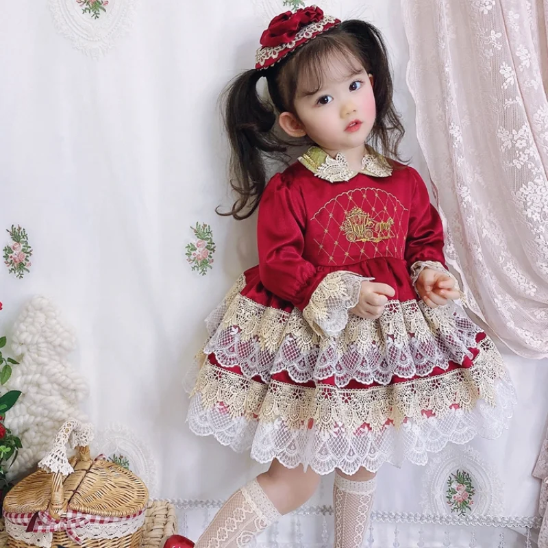 

Girl Autumn/Winter Lolita Velvet Dress Spanish Children Dress Princess New Year's Red Birthday Dress Christmas Dress Eid Dress