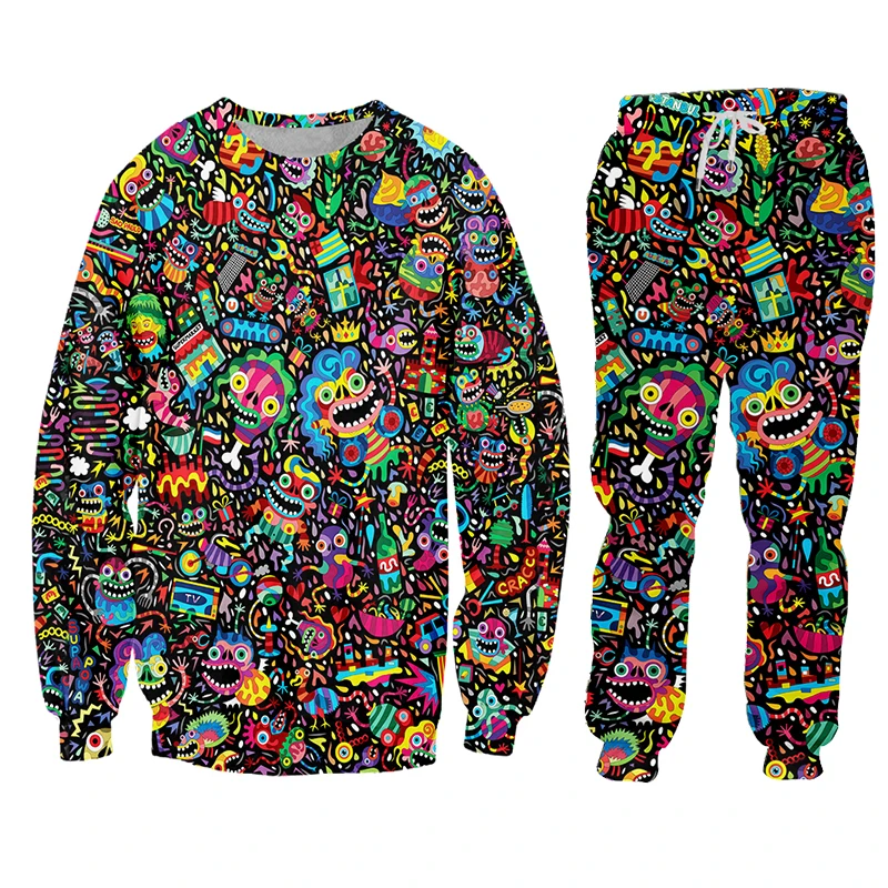 Sudadera con capucha Doodle Monster para hombre, traje con capucha, ropa deportiva de gran tamaño para correr, pantalones de manga larga, estampado