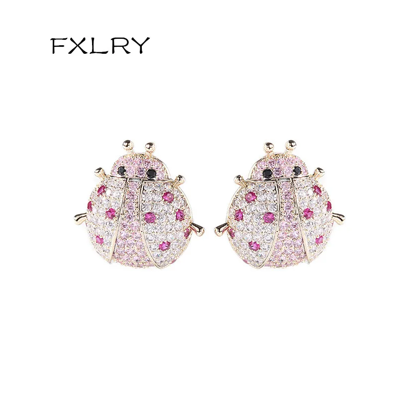 FXLRY Personality Color AAA Cubic Zircon Ladybug Earrings Lovely Beetle Insect Earrings For Women Fashion Party Jewellery