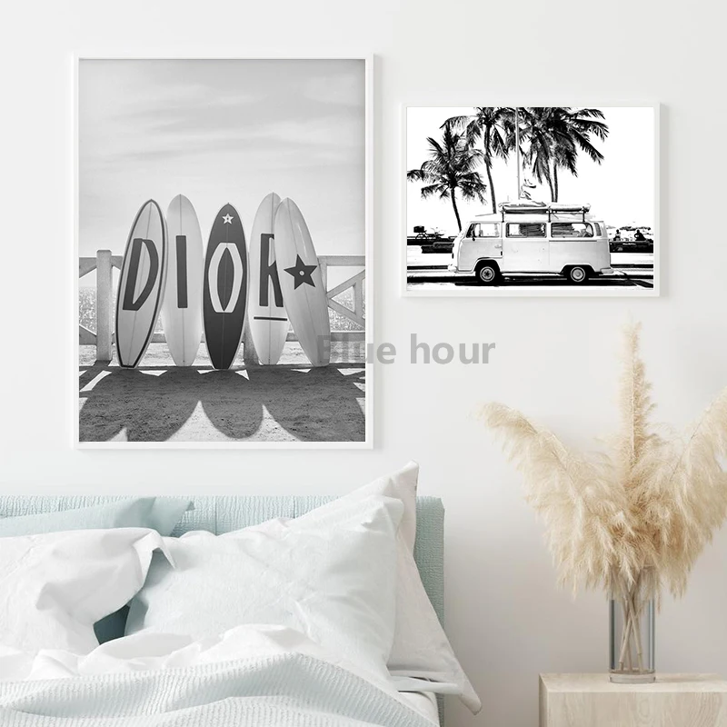 Black and White Palm Tree Beach Landscape Photography Poster Canvas Painting Surf Coastal Wall Art Prints Living Room Home Decor