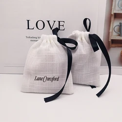 100pcs Custom Logo Jewelry Cotton Gift Bag with Black Ribbon Wedding Birthday Party Candy Pouch Jewelry Packaging Organizer Bag