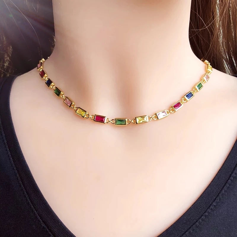 

EYIKA Bohemia Copper Square Multicolor Zircon Link Chain Necklace for Women Gold Plated Choker Fashion Party Jewelry Gift