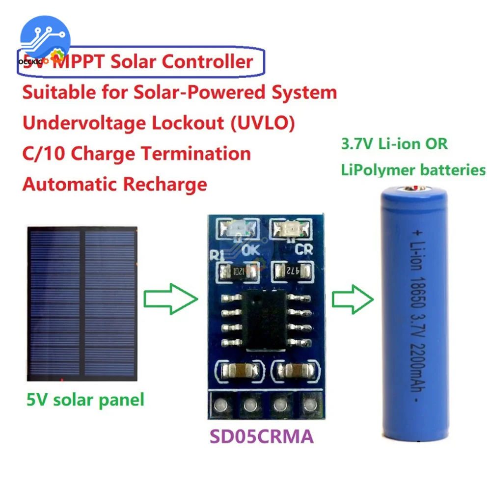 1A 4.2V 3.7V 18650 LiPo Li-ion Lithium Battery Charger Module MPPT Solar Charge Controller SD05CRMA Solar Panel Battery Charging