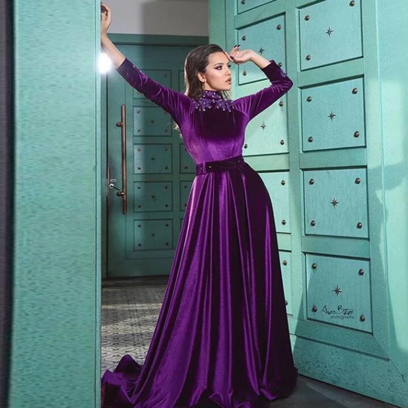 Robe De soirée musulmane à col haut, en velours violet perlé, Kaftan De dubaï, arabie saoudite, robes De bal formelles, 2023