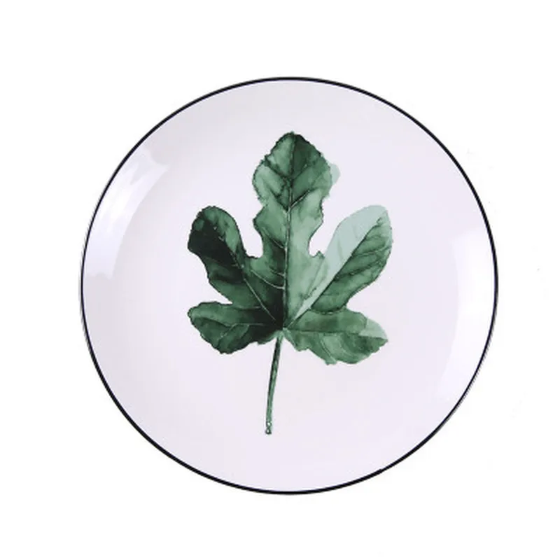 Ceramic 8 Inch Plate Plant Large Round Green Black Line Hotel Porcelain Western Salad Dish Home Kitchen Supplies Tableware