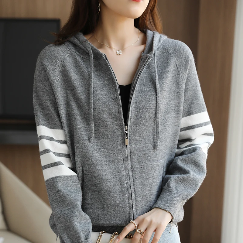 Women Cashmere Sweater Autumn / Winter  Loose TB  Design Hooded Zipper Cashmere Knit Cardigan