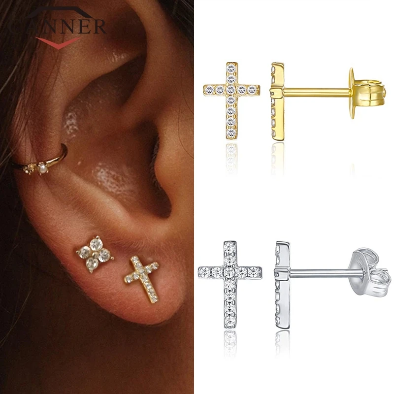 Minimalist 925 Sterling Silver CZ Zircon Stud Earrings for Women Simple Geometric Cross Gold Silver Earrings Fashion Jewelry