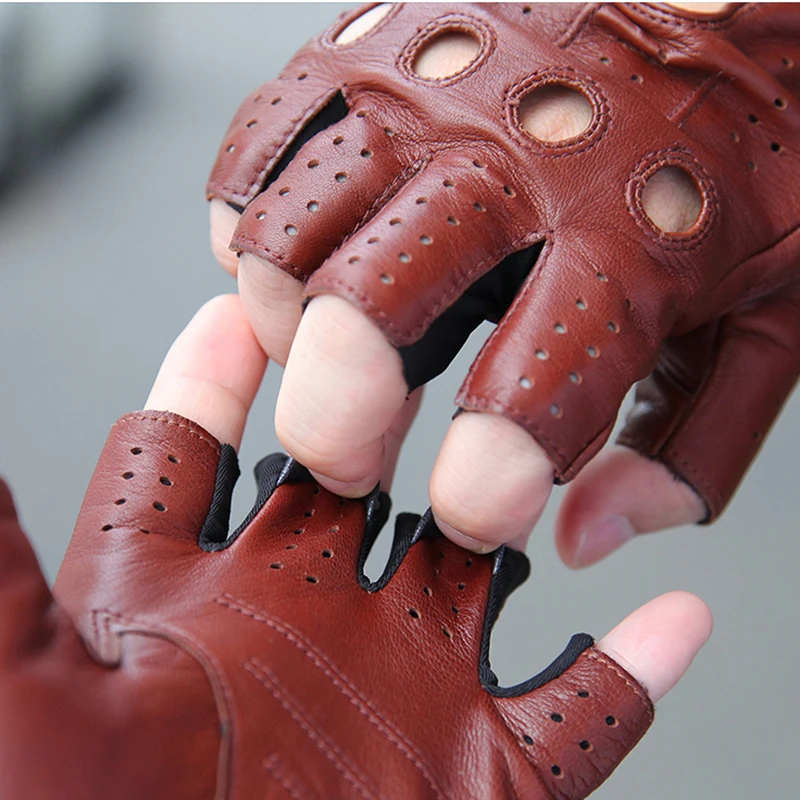 

Half Finger Genuine Leather Gloves Male Thin Motorcycle Driving Fingerless Breathable Wearable Men Sheepskin Gloves EM102P