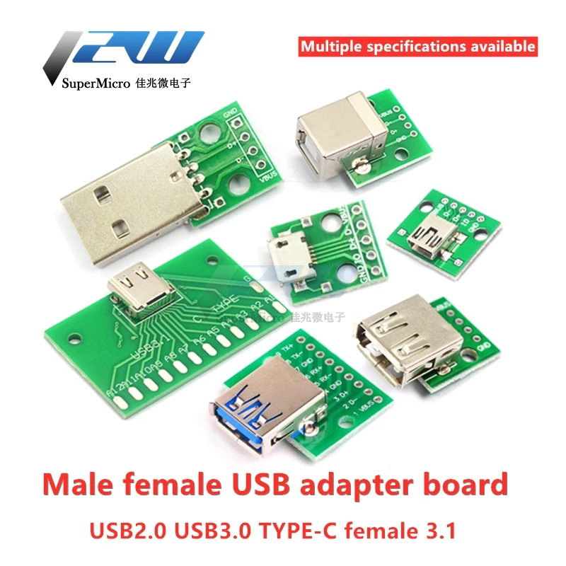 7/5/2PCS USB Male Connector MINI MICRO USB to DIP Adapter Board 2.54MM Female Connector B Type-C USB2.0 3.0 Female PCB Converter