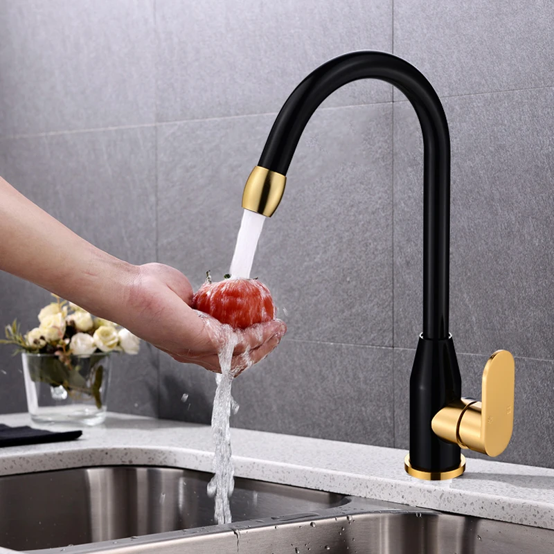 

Kitchen Faucet Space Aluminum Gold Single Handle New and Cold Water Vessel Sink Basin Mixer Tap 360 Degree Rotation Water Faucet